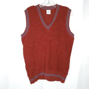 Vintage 60s 70s Womens Terry Cloth Knit V Neck Sweater L Vest Red Blue Preppy